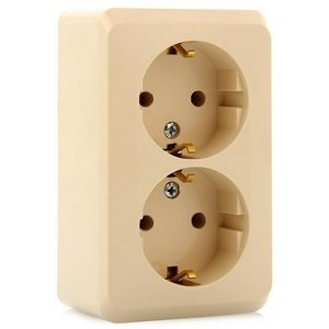 Фото Schneider Electric Этюд PA16-007K Розетка двойная с заземляющим контактом (16 А, в сборе, открытая установка, кремовая)