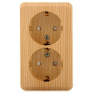 Фото Schneider Electric Этюд PA16-008D Розетка двойная с заземляющим контактом и шторками (16 А, в сборе, открытая установка, сосна)