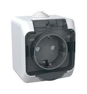 Фото Schneider Electric Этюд PA16-044B Розетка с заземляющим контактом, шторками и крышкой (16 А, в сборе, открытая установка, IP44, белая)