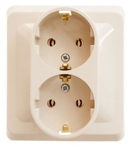 Фото Schneider Electric Этюд PC16-007K Розетка двойная с заземляющим контактом (16 А, в сборе, скрытая установка, кремовая)