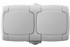 Фото Schneider Electric Рондо RA16-227B-BI Розетка двойная с заземляющим контактом, шторками и крышкой (16 А, в сборе, открытая установка, IP44, белая)