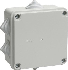 Фото IEK UKO11-100-100-050-K41-44 Коробка КМ41233 распаячная для о-п 100х100х50мм IP44 (RAL7035 6 гермовводов)