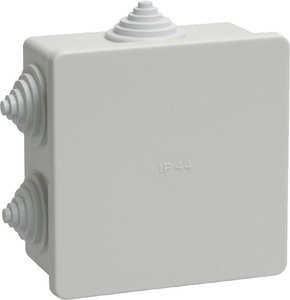 Фото IEK UKO11-085-085-040-K41-44 Коробка КМ41235 распаячная для о-п 85х85х40мм IP44 (RAL7035 6 гермовводов)