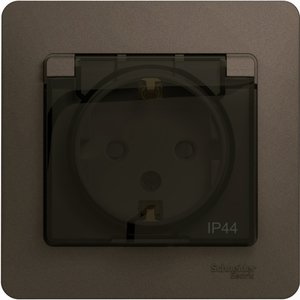 Фото Schneider Electric Glossa GSL000848 Розетка с заземляющим контактом (16 А, в сборе, скрытая установка, шторки, крышка, IP44, шоколад)