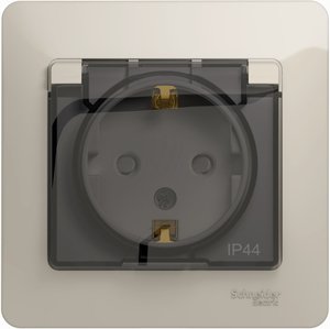 Фото Schneider Electric Glossa GSL000948 Розетка с заземляющим контактом (16 А, в сборе, скрытая установка, шторки, крышка, IP44, молоко)