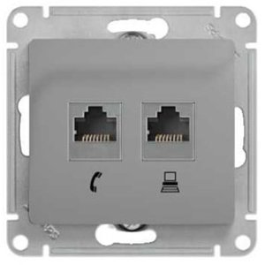 Фото Schneider Electric Glossa GSL000385 Розетка комбинированная (RJ45+RJ11, под рамку, скрытая установка, алюминий)