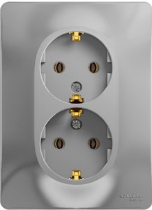 Фото Schneider Electric Glossa GSL000324 Розетка двойная с заземляющим контактом (16 А, в сборе, скрытая установка, алюминий)