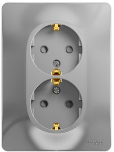 Фото Schneider Electric Glossa GSL000326 Розетка двойная с заземляющим контактом и шторками (16 А, в сборе, скрытая установка, алюминий)