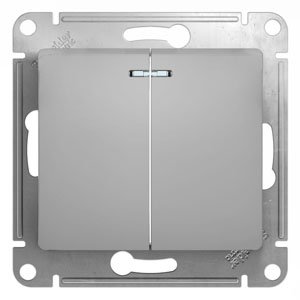 Фото Schneider Electric Glossa GSL000353 Выключатель двухклавишный с подсветкой (10 А, под рамку, скрытая установка, алюминий)
