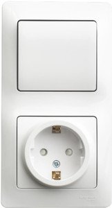 Фото Schneider Electric Glossa GSL000170 Блок комбинированный вертикальный (1 кл.+1 роз., 6+16 А, в сборе, с/у, з/к, шторки, белый)