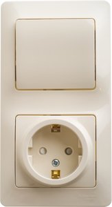 Фото Schneider Electric Glossa GSL000270 Блок комбинированный вертикальный (1 кл.+1 роз., 6+16 А, в сборе, с/у, з/к, шторки, бежевый)
