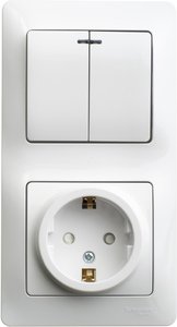 Фото Schneider Electric Glossa GSL000175 Блок комбинированный вертикальный (2 кл.+1 роз., 6+16 А, в сборе, с/у, з/к, шторки, подсветка, белый)