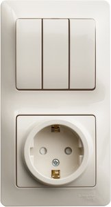 Фото Schneider Electric Glossa GSL000278 Блок комбинированный вертикальный (3 кл.+1 роз., 6+16 А, в сборе, с/у, з/к, шторки, бежевый)