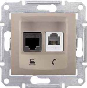 Фото Schneider Electric Sedna SDN5200168 Розетка комбинированная (RJ11+RJ45, cat.6, под рамку, скрытая установка, титан)