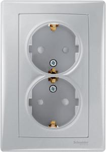 Фото Schneider Electric Sedna SDN3000760 Розетка двойная с заземляющим контактом (16 А, в сборе, шторки, скрытая установка, алюминий)