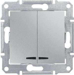 Фото Schneider Electric Sedna SDN0300360 Выключатель двухклавишный с синей подсветкой (10 А, под рамку, скрытая установка, алюминий)