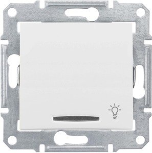 Фото Schneider Electric Sedna SDN1800121 Выключатель однокнопочный "Свет" с синей подсветкой (10 А, под рамку, скрытая установка, белый)
