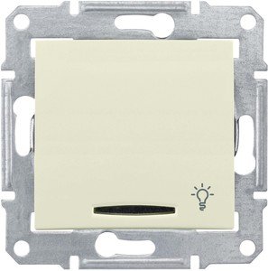 Фото Schneider Electric Sedna SDN1800147 Выключатель однокнопочный "Свет" с синей подсветкой (10 А, под рамку, скрытая установка, бежевый)