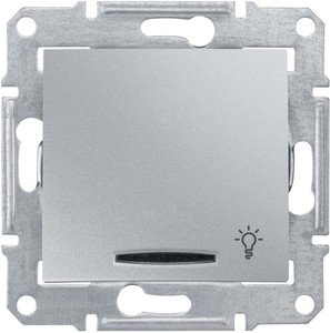 Фото Schneider Electric Sedna SDN1800160 Выключатель однокнопочный "Свет" с синей подсветкой (10 А, под рамку, скрытая установка, алюминий)