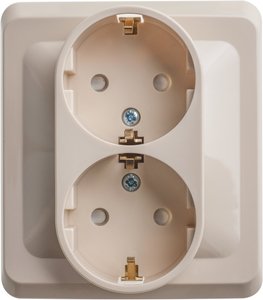 Фото Schneider Electric Этюд PC16-008K Розетка двойная с заземляющим контактом и шторками (16 А, в сборе, скрытая установка, кремовая)