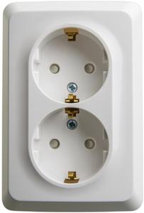 Фото Schneider Electric Этюд PA16-108B Розетка двойная угловая с заземляющим контактом и шторками (16 А, в сборе, открытая установка, белая)