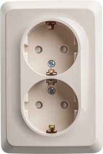 Фото Schneider Electric Этюд PA16-108K Розетка двойная угловая с заземляющим контактом и шторками (16 А, в сборе, открытая установка, кремовая)