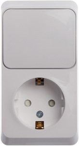 Фото Schneider Electric Этюд BPA16-201B Блок комбинированный (1 кл.+1 роз., 16 А, в сборе, открытая установка, з/к, шторки, IP20, белый)