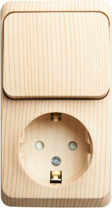 Фото Schneider Electric Этюд BPA16-201D Блок комбинированный (1 кл.+1 роз., 10+16 А, в сборе, открытая установка, з/к, шторки, сосна)