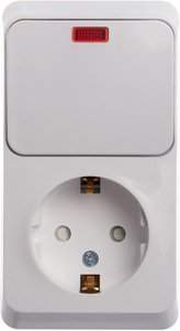 Фото Schneider Electric Этюд BPA16-203B Блок комбинированный (1 кл.+1 роз., 10+16 А, в сборе, открытая установка, з/к, подсветка, шторки, белый)