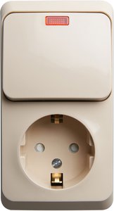 Фото Schneider Electric Этюд BPA16-203K Блок комбинированный (1 кл.+1 роз., 10+16 А, в сборе, открытая установка, з/к, подсветка, шторки, кремовый)
