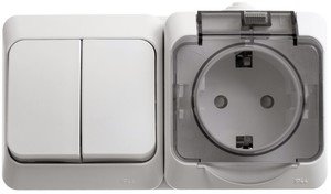 Фото Schneider Electric Этюд BPA16-242B Блок комбинированный горизонтальный (2 кл.+1 роз., 10+16 А, IP44, в сборе, открытая установка, з/к, шторки, крышка, белый)