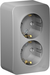 Фото Schneider Electric Blanca BLNRA011213 Розетка двойная с заземляющим контактом и изоляционной пластиной (16 А, в сборе, шторки, открытая установка, алюминий)