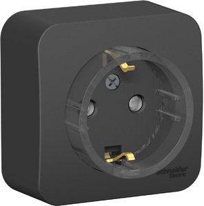 Фото Schneider Electric Blanca BLNRA111116 Розетка одинарная с заземляющим контактом и изоляционной пластиной (16 А, в сборе, шторки, открытая установка, антрацит)