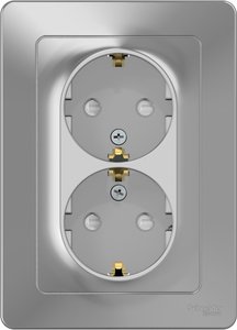 Фото Schneider Electric Blanca BLNRS001123 Розетка двойная с заземляющим контактом (16 А, в сборе, шторки, скрытая установка, алюминий)