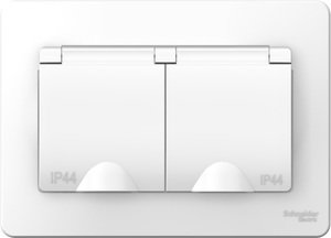 Фото Schneider Electric Blanca BLNRS441121 Розетка двойная с заземляющим контактом (16 А, IP44, в сборе, шторки, крышка, скрытая установка, белая)