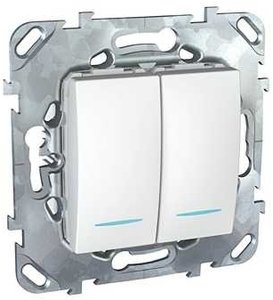 Фото Schneider Electric Unica MGU5.0101.18NZD Выключатель двухклавишный с подсветкой (10 А, под рамку, 2Р, скрытая установка, белый)