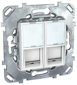 Фото Schneider Electric Unica MGU5.2020.18ZD Розетка компьютерная (2xRJ45, cat.5e, под рамку, скрытая установка, белая)
