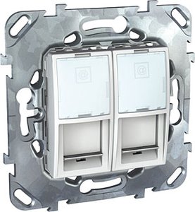 Фото Schneider Electric Unica MGU5.2424.18ZD Розетка компьютерная (2xRJ45, cat.6, под рамку, скрытая установка, белая)