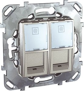 Фото Schneider Electric Unica Top MGU5.2424.30ZD Розетка компьютерная (2xRJ45, cat.6, под рамку, скрытая установка, алюминий)