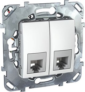 Фото Schneider Electric Unica MGU5.9191.18ZD Розетка телефонная двойная (RJ12, под рамку, скрытая установка, белая)