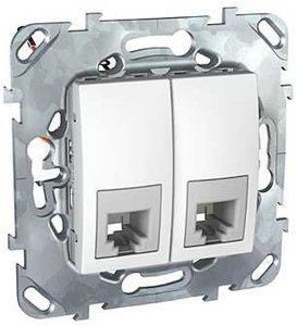 Фото Schneider Electric Unica MGU5.9090.18ZD Розетка телефонная двойная (RJ11, под рамку, скрытая установка, белая)