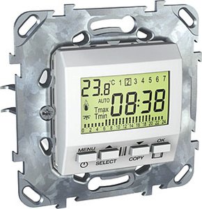 Фото Schneider Electric Unica MGU5.505.18ZD Терморегулятор электронный программируемый +5…+35°С (8 А, встроенный термодатчик, недельный, под рамку, скрытая установка, белый)