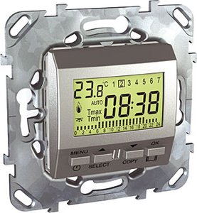 Фото Schneider Electric Unica Top MGU5.505.30ZD Терморегулятор электронный программируемый +5…+35°С (8 А, встроенный термодатчик, недельный, под рамку, скрытая установка, алюминий)
