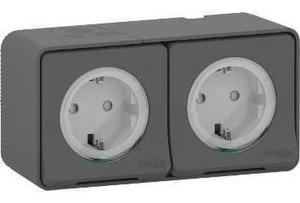 Фото Schneider Electric Mureva S MUR36029 Розетка двойная с заземляющим контактом (16 А, IP55, в сборе, шторки, открытая установка, антрацит)