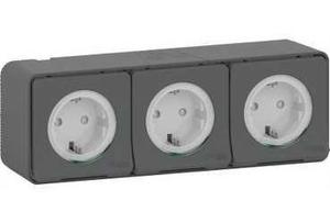 Фото Schneider Electric Mureva S MUR36038 Розетка тройная с заземляющим контактом (16 А, IP55, в сборе, шторки, открытая установка, антрацит)