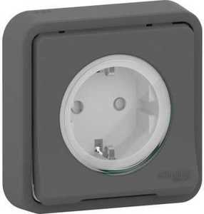 Фото Schneider Electric Mureva S MUR36132 Розетка одинарная с заземляющим контактом (16 А, IP55, в сборе, шторки, скрытая установка, антрацит)