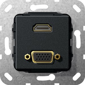 Фото Gira System55 567610 Розетка информационная (HDMI+VGA, под рамку, скрытая установка, черная матовая)