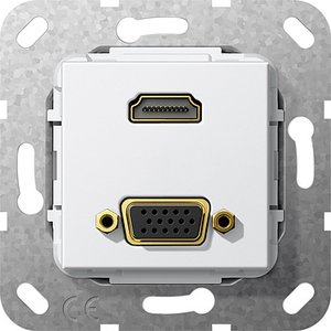 Фото Gira System55 567603 Розетка информационная (HDMI+VGA, под рамку, скрытая установка, белая глянцевая)
