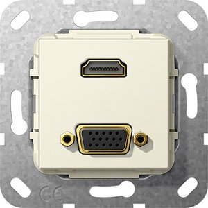Фото Gira System55 567601 Розетка информационная (HDMI+VGA, под рамку, скрытая установка, кремовая глянцевая)