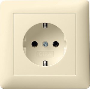 Фото Gira System55 044001 Розетка с заземляющим контактом (16 А, в сборе, скрытая установка, кремовая глянцевая)